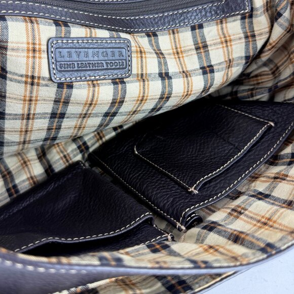 Levenger Fine Leather Messenger Bag 16x13" Plaid Lining Classic Satchel 2000s - Picture 8 of 14